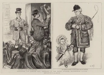 Preparando-se para o dia do Jubileu, esboços nos estábulos reais, o Palácio de Buckingham